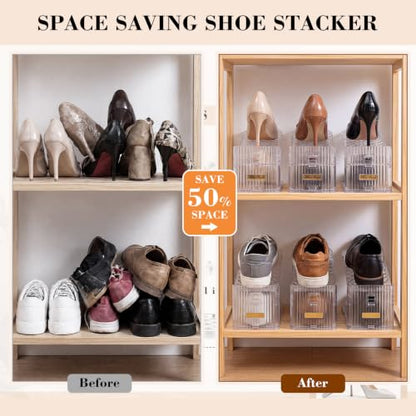 Briwooody 40 Pack Clear Shoe Slot Organizer, 2-Level Adjustable Shoe Stacker for Closet Organization, Plastic Shoes Space Saver Rack Holder for Sneakers, Heels, Flats and Slippers