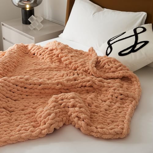 WESHIONGOO Chunky Knit Blanket Throw for Couch Bed 40"*40" Peach Fuzz | 100% Handmade Knitted Throw Blanket Fluffy Soft Blanket with Jumbo Chenille Yarn Thick - color: Peach Fuzz, size: 40"x40"(Small Size Throw)