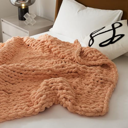 WESHIONGOO Chunky Knit Blanket Throw for Couch Bed 40"*40" Peach Fuzz | 100% Handmade Knitted Throw Blanket Fluffy Soft Blanket with Jumbo Chenille Yarn Thick - color: Peach Fuzz, size: 40"x40"(Small Size Throw)