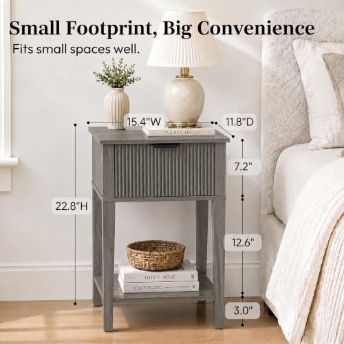 Weathered Gray 15.4" Wide Small Nightstand, Drawer,Open Shelf,Fluted | Weathered gray tone, ribbed fluted front, 11.8-inch slim depth, concealed storage, cool fit for sofa side or chair side - color: Weathered Gray