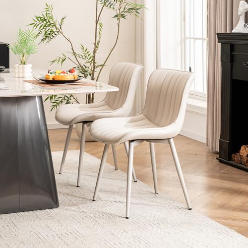 YOUNUOKE Dining Chairs Set of 2 Mid-Century Modern Kitchen Chairs Cream | Faux leather upholstered with Back, fits dining living waiting room guest reception. Waterproof easy to clean assemble, 300lb - color: All Cream