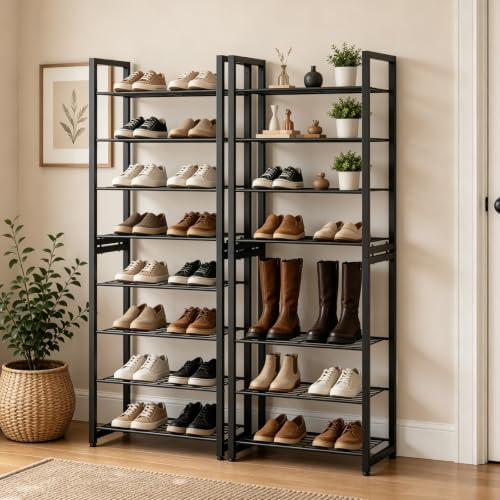 Stackable Shoe Rack, 8-Tier Metal Organizer Holds up to 16 Pairs, Tall Narrow Shoe Storage for Small Space Closet Hallway, Black - size: 8 Tier