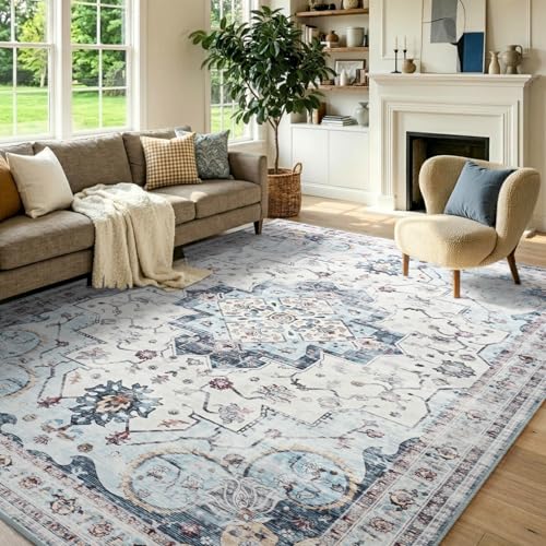 Area Rugs 5x8 Washable Vintage Rug for Bedroom Living Room Home Decor Blue | Soft Low-Pile Stain Resistant Carpet With Non Slip Backing for Indoor Entryway Nursery Dining Room,Thin,Foldable,Home Decor - color: 25f01-blue, size: 5' x 8' (Rectangular)