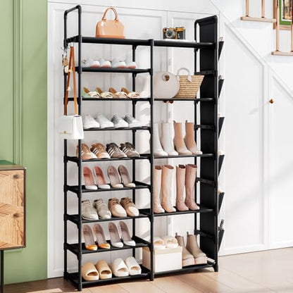 9 Tier Shoe Rack Organizer with Hook and Side Pocket, Holds 25-35 Pairs | Entryway Heavy Duty Shoe Rack, Tall Shoe Boot Storage, Metal Shelf for Storing Handbags, Boxes, Books, Umbrella, Keys, Hats - size: M 9-Tier