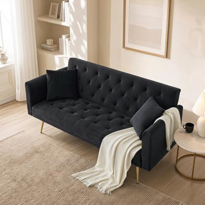 71" Modern Velvet Sofa Bed Futon, Convertible Sleeper Couch, Adj. Backrest (Black-Velvet) - color: Black-velvet