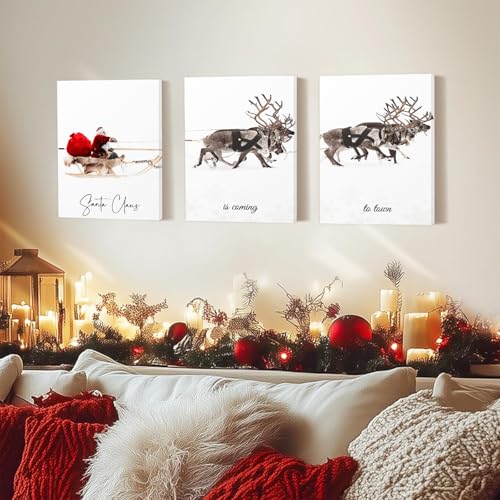 Framed Christmas Wall Art Set of 3,Santa Claus with Sleigh Canvas Art Prints,Christmas Wall Decor Living Room,Vintage Christmas Decor Santa Claus is Coming to Town Winter Wall Art Xmas Sign for Home Bedroom Bathroom Decoration,12"x16" - color: Santa Claus