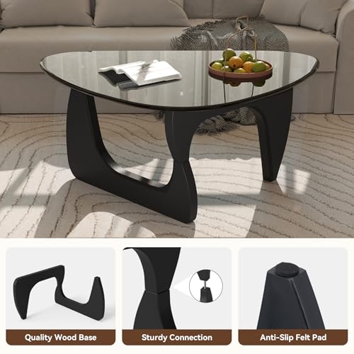 Modern Glass Coffee Table, Triangle Center Table with Tempered Glass Top& Unique Wooden Base, 31.5” Mid Century Tea Tables for Living Room, Apartment, Office,Black & Grey - color: Black & Grey, size: Small 31.5*19*15.7in