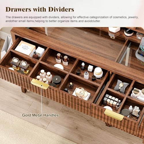 Arulvmrn 43.3'' Vanity Desk with Mirror and Lights, with Glass Tabletop, with 5 Drawers & Shelves,Makeup Vanity Set for Bedroom, Tan - color: Tan