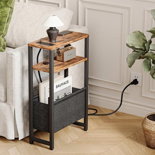 Narrow Side Table with Charging Station Slim End Table Sofa with Magazine Rack, Bedside Table for Small Spaces, 3 Tier Nightstand for Living Room Couch, Bedroom Rustic Brown LET503RE - color: Rustic Brown, style: With Charging Station