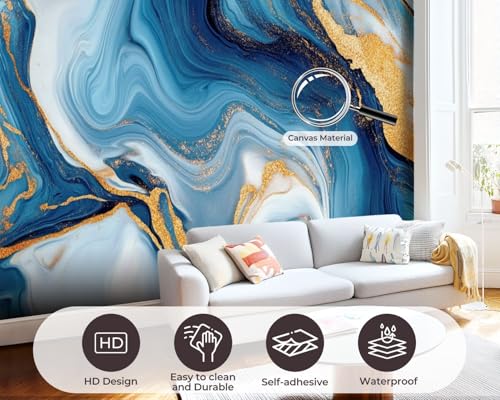 Peel and Stick Wallpaper Wall Murals Blue Marble Gold Abstract Marbling Natural Luxury Style Swirls Marble Self Adhesive Removable Canvas Wall Stickers for Living Room Kids Bedroom 69''x96'' - color: Multi2, size: 69x96inch