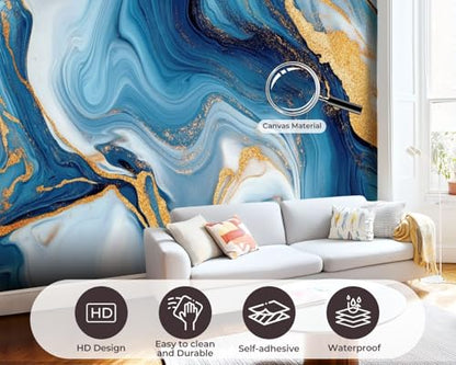 Peel and Stick Wallpaper Wall Murals Blue Marble Gold Abstract Marbling Natural Luxury Style Swirls Marble Self Adhesive Removable Canvas Wall Stickers for Living Room Kids Bedroom 69''x96'' - color: Multi2, size: 69x96inch