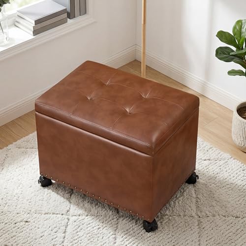 Homebeez Faux Leather Storage Ottoman with Wheels and Reversible Tray Top, 22” Tufted Rectangular Coffee Table with Hidden Storage, Nailhead Rolling Footrest for Living Room & Bedroom, Caramel Brown - color: Caramel Brown With Wheels