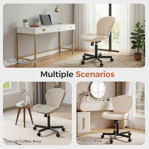 Armless Office Chair, PU Leather Office Chair with Wheels & Adjustable Height, Swivel Rocking Computer Chair, Ergonomic Soft Padded Office Chairs for Small Space, Study and Vanity, Beige - color: Beige