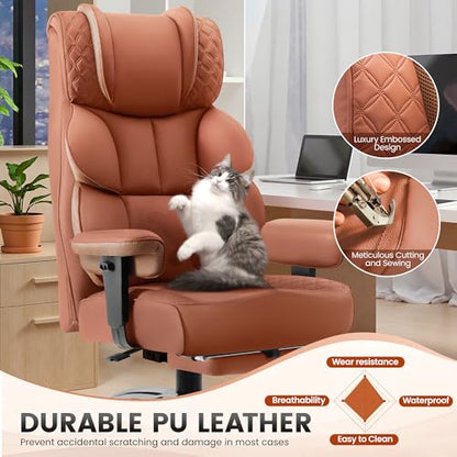 BestGlory Office Desk Chair, Big and Tall Leather Gaming Chair with Footrest, Wide Ergonomic Comfy Executive High-Back Reclining Computer Chairs, Swivel Rolling Wheels and Lumbar Support, Brown - color: Terracotta, style: 3 Position Reclining