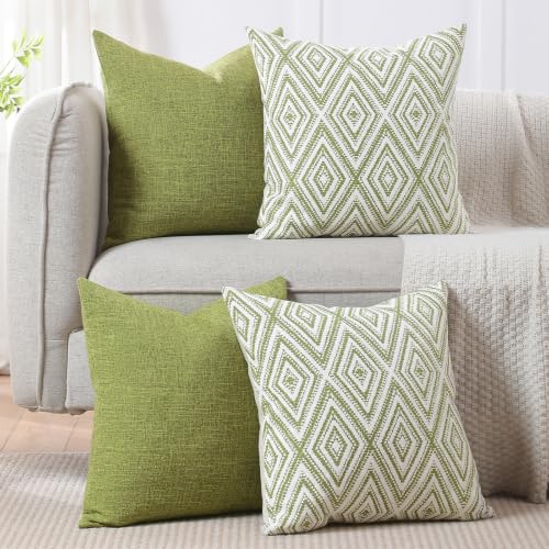 HPUK Throw Pillow Covers 20x20, 4 Pack, Green Textured Couch Pillow Covers | Polyester fabric, patterned and solid designs, hidden zippers, machine washable, for sofas and beds, inserts not included - color: Green, size: 20" x 20" (Pack of 4)