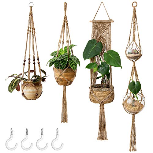 Mkono Macrame Plant Hangers Indoor Set of 4 Hanging Planter Basket Brown | Wall Decorative Hanging Flower Pot Holder for Plants 35"-55" Length, Jute Rope, with 4 Hook, Boho Home Decor & Aesthetics - color: Brown