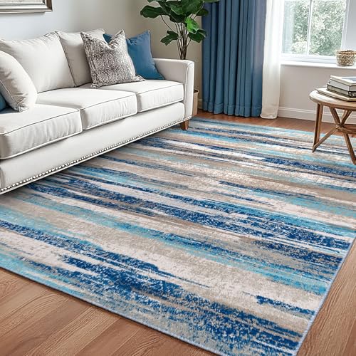 Lansny Washable Abstract 5x7 Area Rug for Living Room Non Slip Bedroom Rug | Blue;Thin Printed Faux Wool Large Rug;Modern Dining Room Rug;Non Skid Floor Carpet for Nursery Playroom Office - color: Blue Aqua/Beige Taupe Multi, size: 5' x 7' (Rectangular)