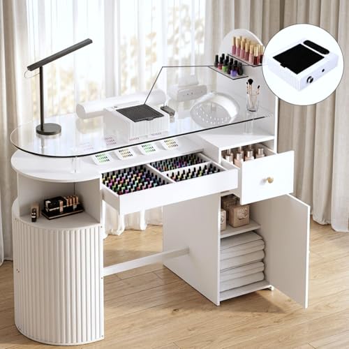 Manicure Table with Dust Collector, Professional Nail Tech Desk with Tempered Glass Top, Storage Cabinet & Drawer, Acetone Resistant, for Nail Beauty Salon Workstation(White) - color: White, size: with dust collector