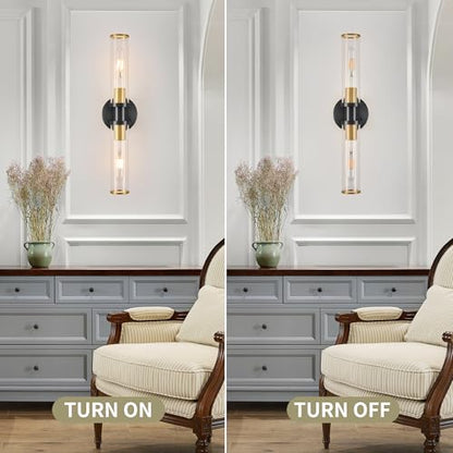 Rayogale Black & Gold Wireless Battery Operated Wall Sconces with Remote | Glass Rechargeable Wall Lights Set of 2 with Timer Function Dimmable for Living Room Bedroom Emergency 3000K, 20.5 Inch - color: Black Gold(Clear Tubular Lampshade)