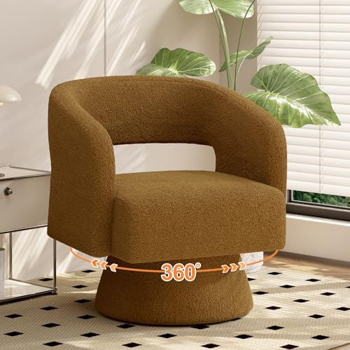 Luxanimarion Swivel Barrel Accent Chair,Oversized Teddy Upholstered Round Swivel Chair,Modern Luxury 360 Degree Living Room Vanity Chair for Bedroom Office,Brown,1PCS - color: Brown-teddy Fabric, size: Set of 1