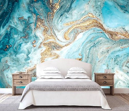 Green and Gold Marble Abstract Wallpaper Mural for Bedroom | 106"x70" Not Peel and Stick - color: Art Wall-55, size: 106" x 70"