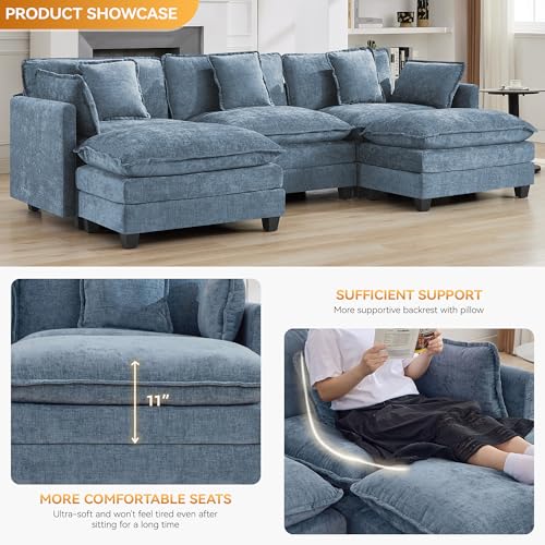 111'' Sectional Cloud Deep Seat Couch, Oversized Chenille U Shaped Sectional Sofa for Living Room Set, Comfy Upholstered Modular 5-Seats Sectional Sofa Couch with 2 Movable Ottoman, Blue - color: Blue, size: 111'' U Shape