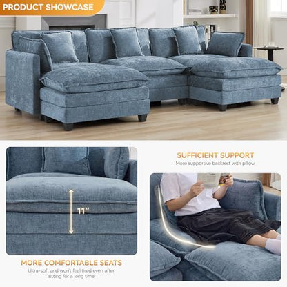 111'' Sectional Cloud Deep Seat Couch, Oversized Chenille U Shaped Sectional Sofa for Living Room Set, Comfy Upholstered Modular 5-Seats Sectional Sofa Couch with 2 Movable Ottoman, Blue - color: Blue, size: 111'' U Shape