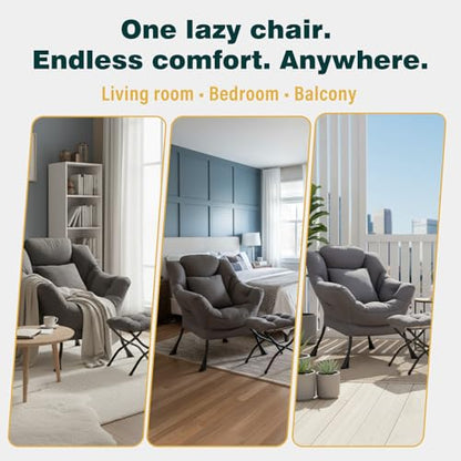 Lazy Chair with Ottoman, Comfy Reading Chair for Bedroom，Grey | Comfy Bedroom Accent Chair with Washable Removable Cover and extra throw pillow for Living Room Dorm - color: Peach Dark Grey-1