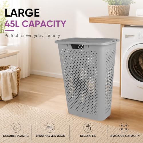 Superio 45L Slim Laundry Hamper with Lid, Perforated Plastic Clothes Basket, Modern Space-Saving Design, Sturdy Laundry Bin with Ergonomic Handles, Grey - color: Grey, size: 1 Pack, style: Laundry Hamper - 45L