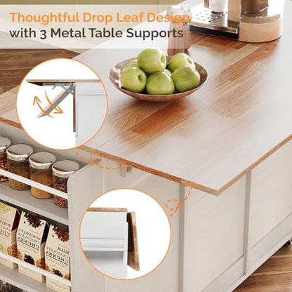 VINGLI 52" W Kitchen Island with Storage and Drop Leaf, Washed White | Farmhouse Rolling Cart with 3 Drawers, Sliding Barn Doors, Adjustable Shelves, Side Rack and Locking Wheels - color: White 2-box