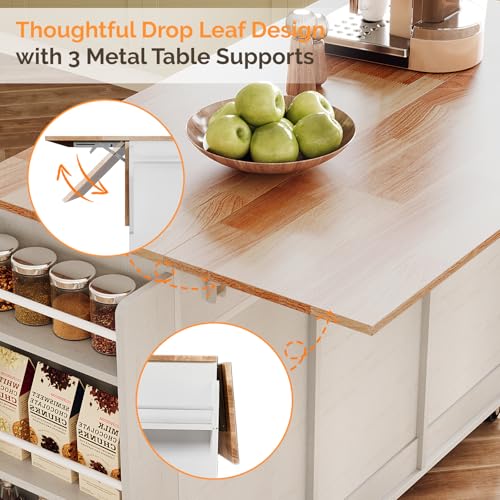VINGLI Kitchen Island with Storage, 52" Rolling Kitchen Cart with 3 Drawers & Shelves, Drop Leaf Design, Mobile Island with Barn Sliding Doors, Towel & Spice Rack for Kitchen & Dining, White - color: White-sliding Barn Door