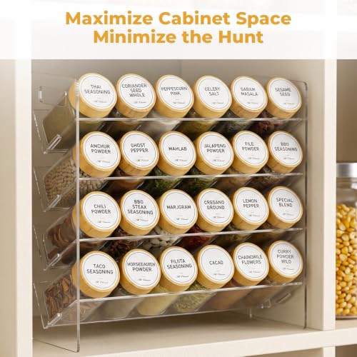4-Tier Acrylic Spice Rack Organizer with 24 Glass Spice Jars and Wooden Lids, Clear Spice Shelf for Cabinet, Countertop, Pantry, Easy Assembly Seasoning Holder, Compact 11.6" W x 11.4" H