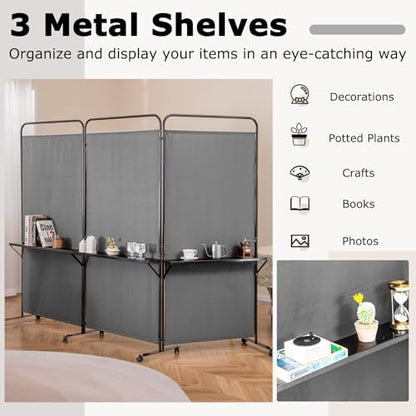Giantex 3 Panel Room Divider with Wheels and Shelves, 103" W x 74" H Folding Privacy Screen, Rolling Partition Separator for Home Office Studio, Fabric Wall Divider for Room Separation (Gray) - color: Grey