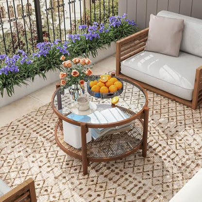 GIANTEX Rattan Coffee Table, Boho Round Glass Tea Table with PE Rattan Storage Shelf & Wood Frame, 2 Tier Accent Center Table for Living Room, Apartment, Small Space - color: Brown