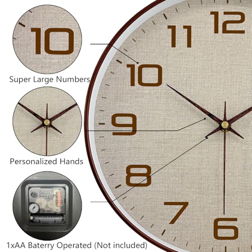 Woodgrain Wall Clock, Silent Non-Ticking Wall Clocks Battery Operated 8 Inch, Linen Texture Large Easy-to-Read Numbers Modern Analog Clock for Bedroom Living Room Kitchen Office Gym, Brown - color: Mocha Brown White, size: 8 Inch