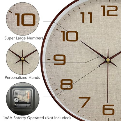Woodgrain Wall Clock, Silent Non-Ticking Wall Clocks Battery Operated 8 Inch, Linen Texture Large Easy-to-Read Numbers Modern Analog Clock for Bedroom Living Room Kitchen Office Gym, Brown - color: Mocha Brown White, size: 8 Inch