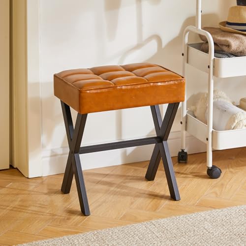 IBUYKE Square Makeup Stool with X-Leg, PU Vanity Chair, Light Brown LG-71J | Footrest Ottoman Seat Multi-Use Small Side Table Bedroom Living Room - color: Light Brown, size: 17.72"-Leather