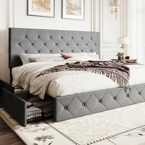 SHA CERLIN Upholstered King Size Platform Bed Frame | 4 Storage Drawers, Adjustable Headboard, Diamond Stitched Button Tufted, Wooden Slats, No Box Spring Needed, Light Grey - color: Light Grey, size: King, style: Modern