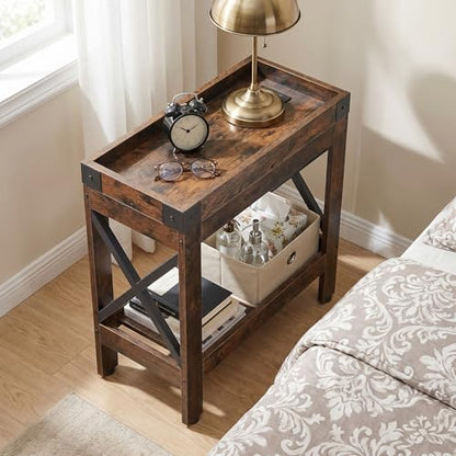 Narrow End Table with Charging Station, Rustic Brown Side Table with 2 USB Ports & Power Outlets, Slim Industrial Nightstand for Small Spaces, Living Room Sofa & Bedroom - color: Rustic Brown, style: With Outlets