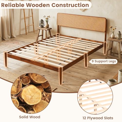 GIANTEX Rattan Queen Bed Frame, Boho Wood Platform Bed with Wicker Headboard, Wooden Mattress Foundation & Support Slats, Under-Bed Storage, Queen Size Bedframe for Adults, No Box Spring Needed - size: Queen