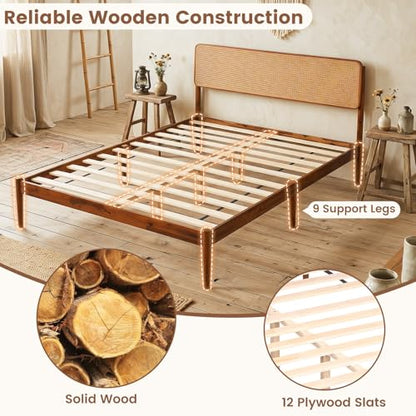 GIANTEX Rattan Queen Bed Frame, Boho Wood Platform Bed with Wicker Headboard, Wooden Mattress Foundation & Support Slats, Under-Bed Storage, Queen Size Bedframe for Adults, No Box Spring Needed - size: Queen