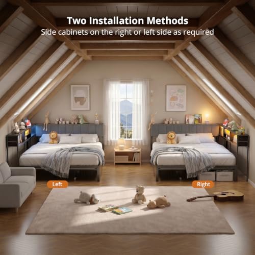 VOWNER Full Corner Bed Frame with Storage and RGB LED Lights, Grey | Upholstered Full Bed Frame with 2 Drawers and Charging Station for Kids Teens, Metal Platform Daybed for Bedroom & Guest Room