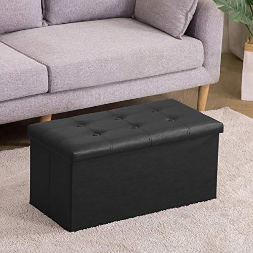 Youdesure 30" Ottoman with Storage, Folding Faux Leather Bench, Black | Foldable ottoman with hidden storage, padded seat and sturdy MDF frame for everyday use. - color: Black