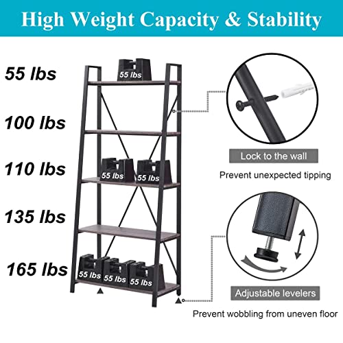 5-Tier Ladder Shelf, Industrial Leaning Bookcase, Wood and Metal Ladder Bookshelf for Living Room, Bedroom, Kitchen, Home Office (Grey Oak) - color: Grey Oak, size: 5-Tier