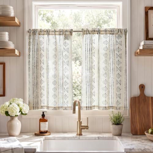 jinchan Boho Kitchen Curtains Linen Tier Curtains 36 Inches Bohemian Cafe Small Drapes Striped Mudcloth Farmhouse for Bathroom RV Camper Light Filtering Rod Pocket 2 Panels Black on Beige - color: Boho Black on Beige, size: 26"W x 36"L (Pack of 2)