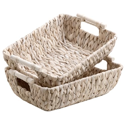 StorageWorks Wicker Baskets for Storage, Storage Baskets for Decor | Wicker Storage Baskets for Shelves, Baskets with Wooden Handles, 2-Pack Gifts Basket for Home Decor, Hand-Woven Basket - color: White(Water Hyacinth), size: Medium