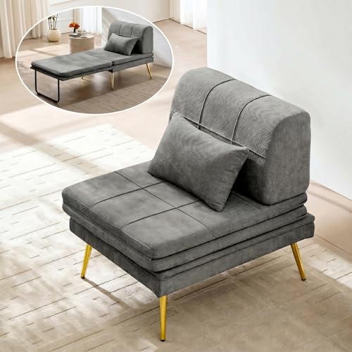 wanan Sleeper Chair, 3-in-1 Chair Bed Sleeper for Adults, Futon Sofa Bed with Back Support & Pillow, Solid Wood Frame & Sturdy Metal Legs for Living Room, Bedroom, Gray