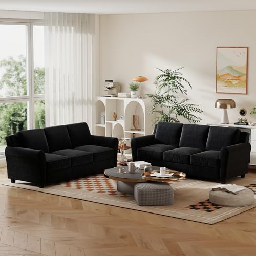 Bonzy Home 2 Piece Sofa Set, 3-Seater Sofa Couch Set of 2, Modern Comfy Sofa with Thick Cushion for Living Room Apartment Office, Black - color: Black, size: 80.7"+80.7"(3 + 3 Seat)