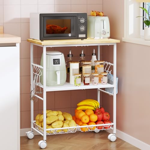 SWTYMIKI Rolling Kitchen Microwave Cart - 3 Tier Microwave Table Stand with Storage Basket and Hooks, Kitchen Utility Cart on Wheels, Coffee Cart Shelf Rack Organizer for Living Room Office, Balcony - color: White