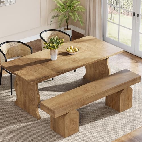 Tribesigns 59" Dining Bench for 2 to 3, Farmhouse Dining Table Bench with Arched Base, Extra Long Kitchen Seating for Living Room, Entryway (Brown) - color: Brown